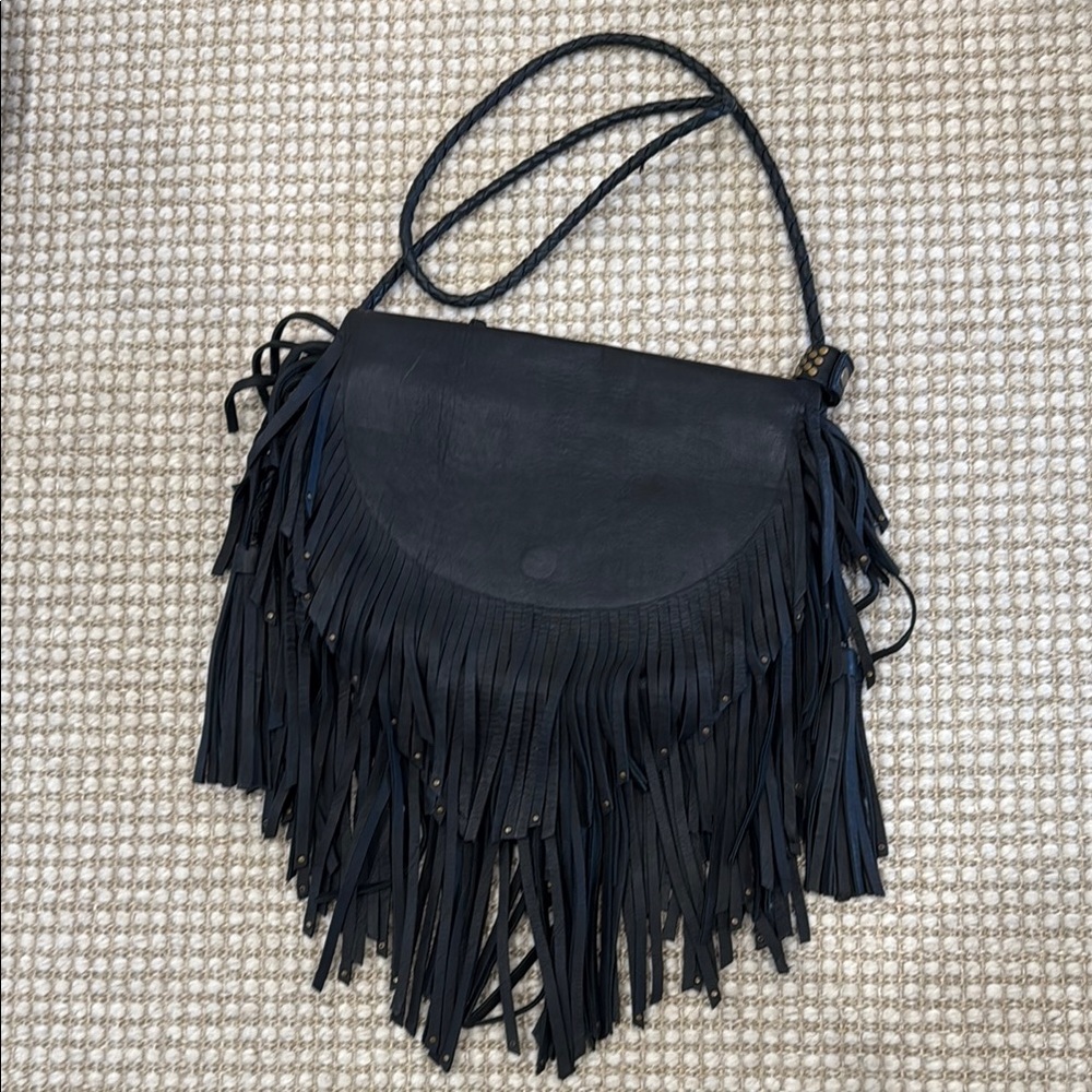Fringe Black Leather Shoulder Bag